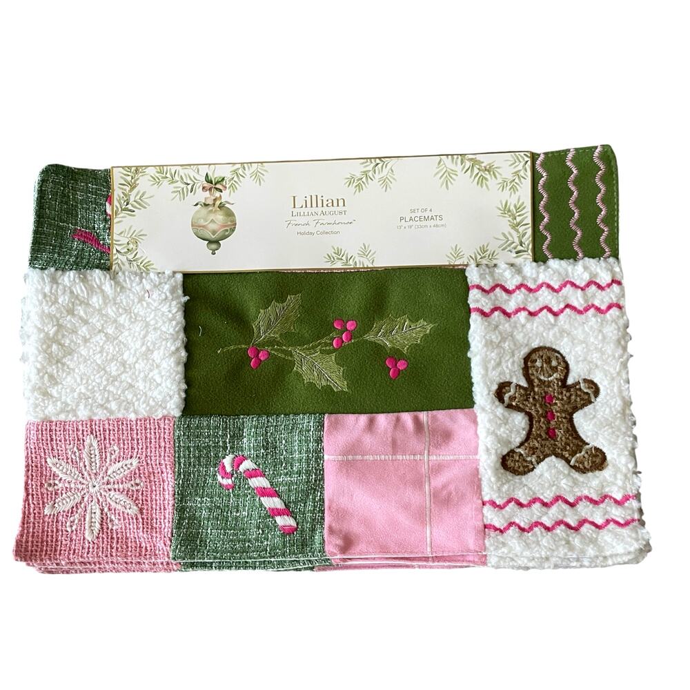 Lillian August Holiday Quilted Placemats 13x19 Set of 4 Gingerbread Candy Cane